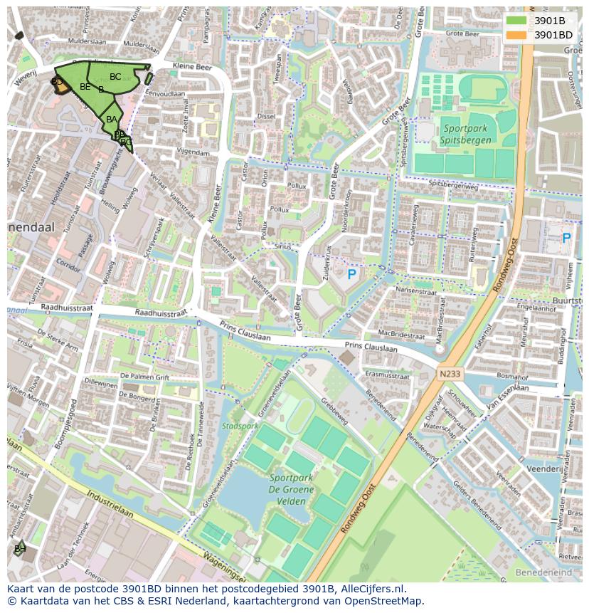 Afbeelding van het postcodegebied 3901 BD op de kaart.