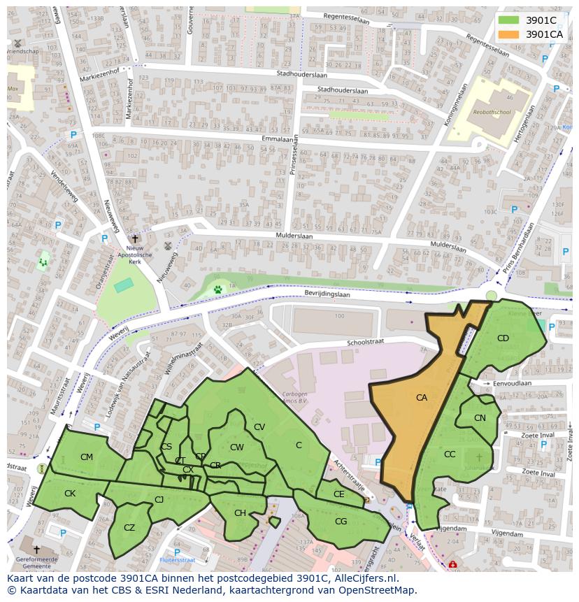 Afbeelding van het postcodegebied 3901 CA op de kaart.