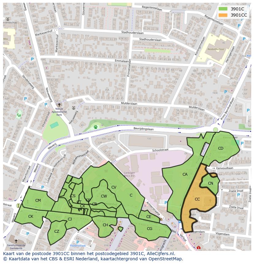 Afbeelding van het postcodegebied 3901 CC op de kaart.
