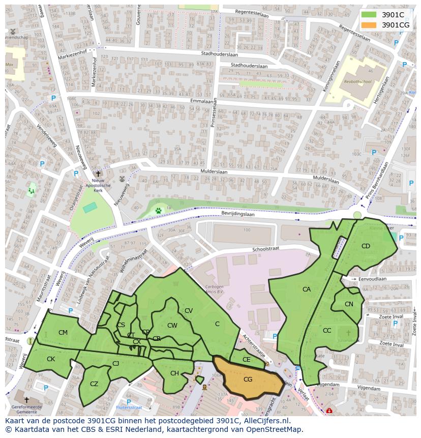 Afbeelding van het postcodegebied 3901 CG op de kaart.