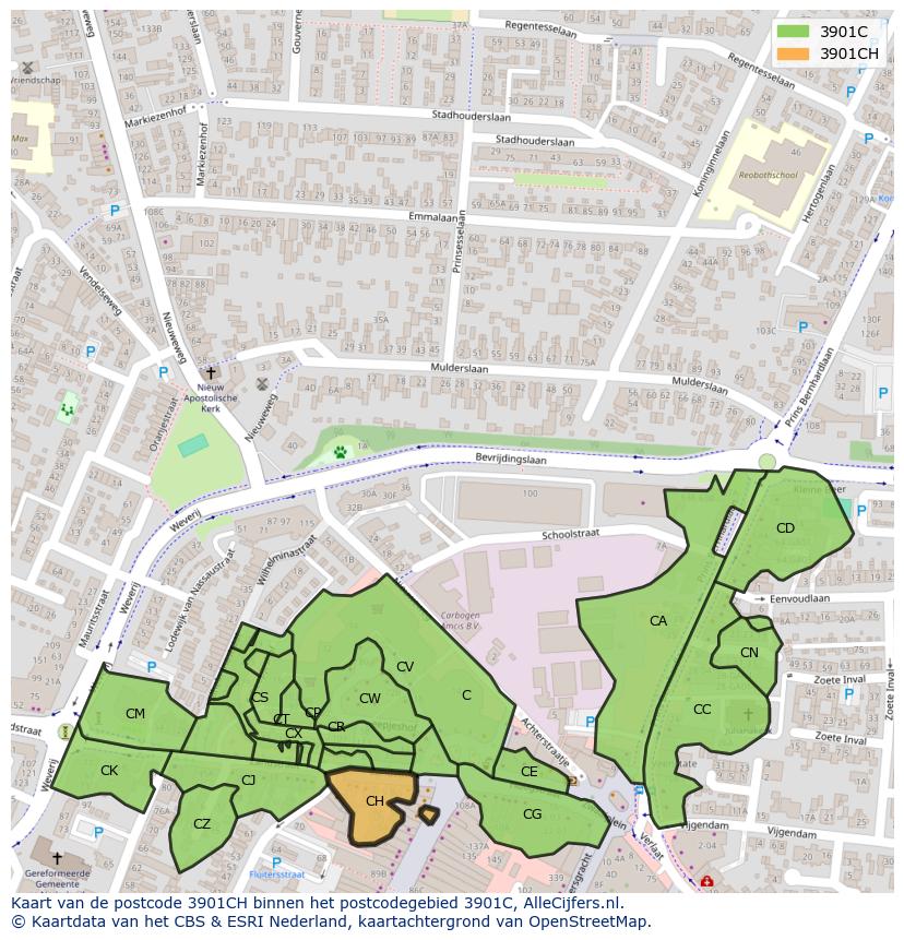 Afbeelding van het postcodegebied 3901 CH op de kaart.