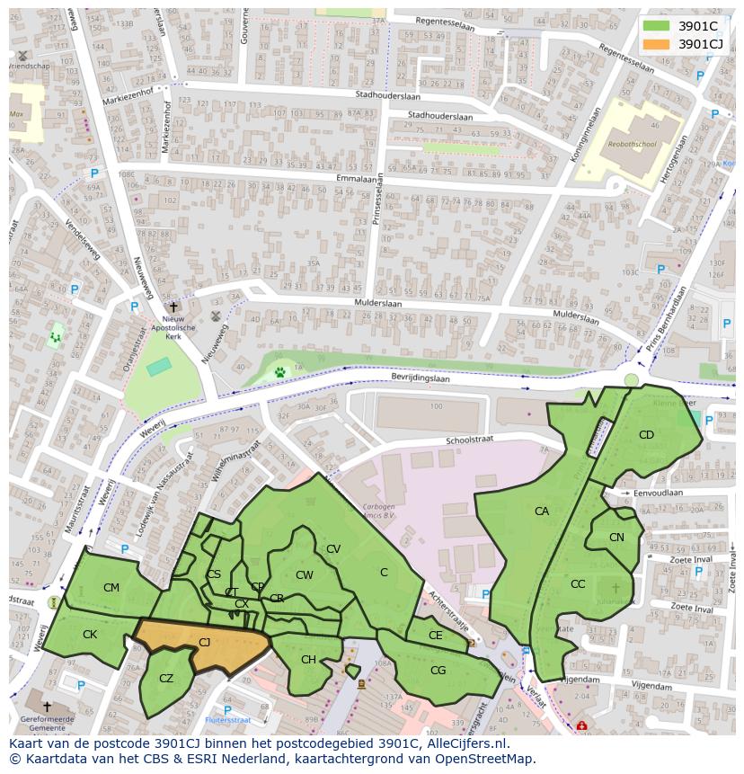 Afbeelding van het postcodegebied 3901 CJ op de kaart.