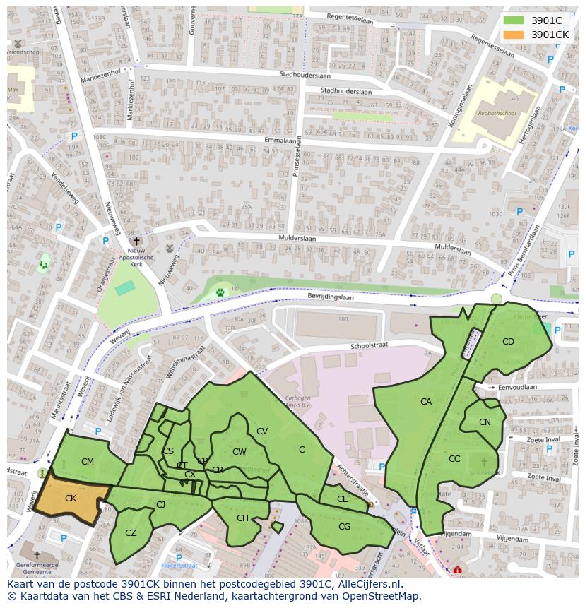 Afbeelding van het postcodegebied 3901 CK op de kaart.