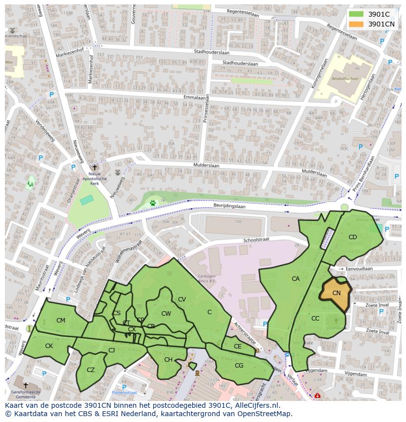 Afbeelding van het postcodegebied 3901 CN op de kaart.
