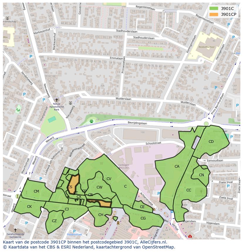 Afbeelding van het postcodegebied 3901 CP op de kaart.