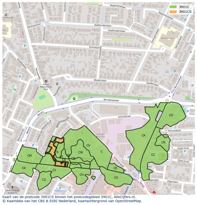 Afbeelding van het postcodegebied 3901 CS op de kaart.