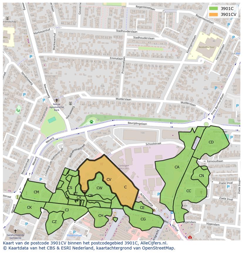 Afbeelding van het postcodegebied 3901 CV op de kaart.