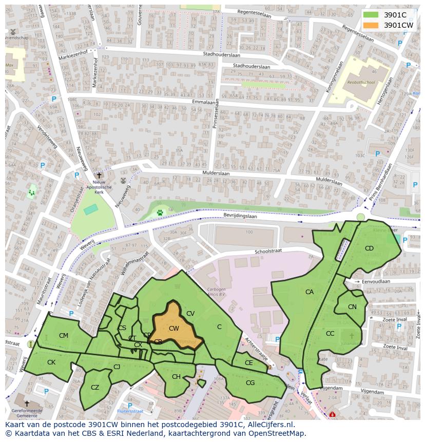 Afbeelding van het postcodegebied 3901 CW op de kaart.