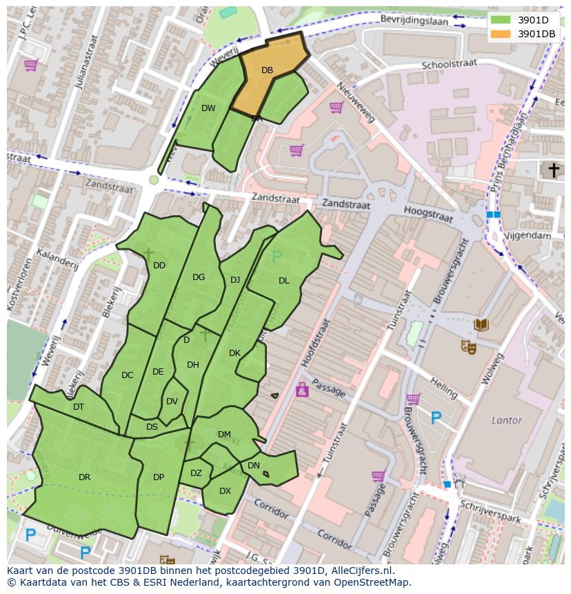 Afbeelding van het postcodegebied 3901 DB op de kaart.