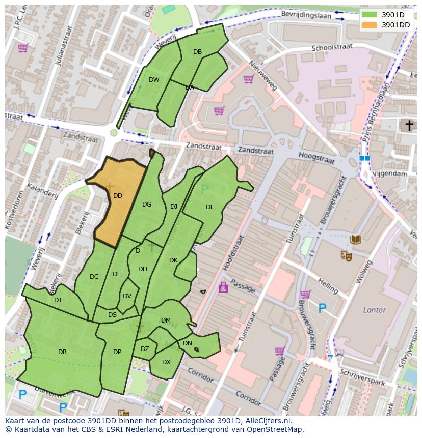 Afbeelding van het postcodegebied 3901 DD op de kaart.