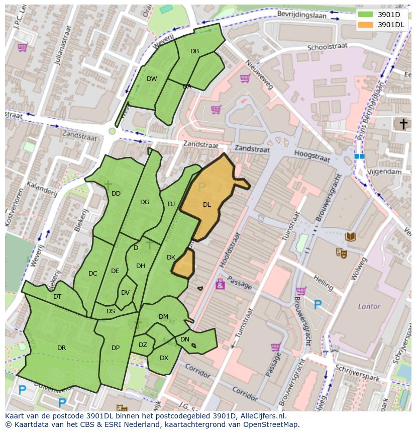 Afbeelding van het postcodegebied 3901 DL op de kaart.