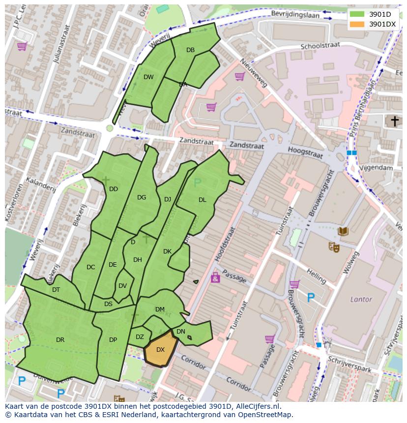 Afbeelding van het postcodegebied 3901 DX op de kaart.