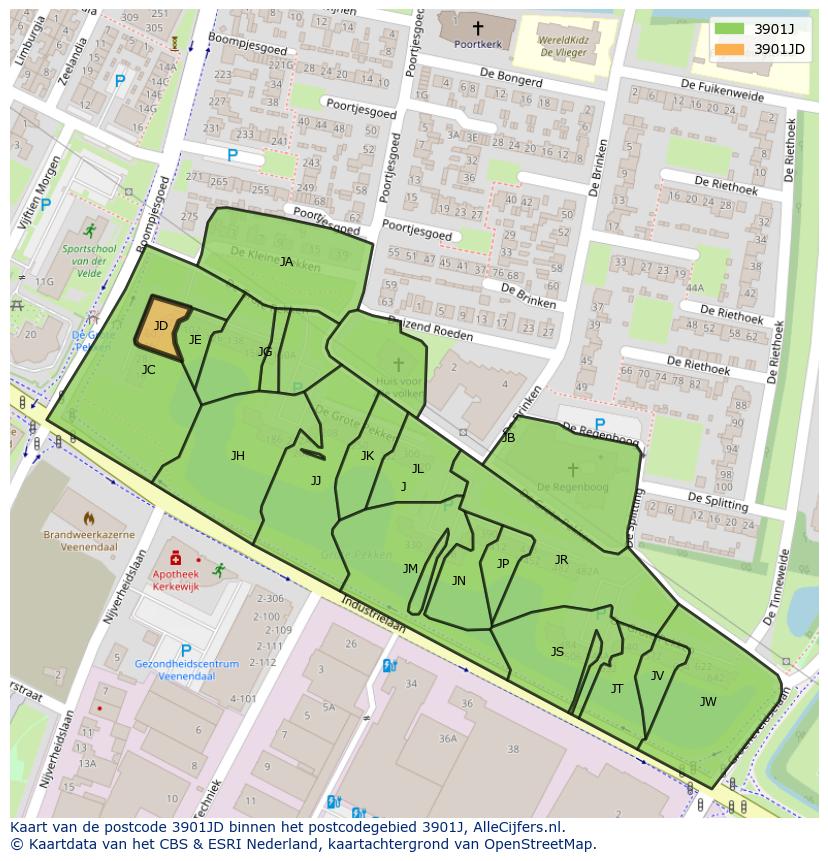 Afbeelding van het postcodegebied 3901 JD op de kaart.