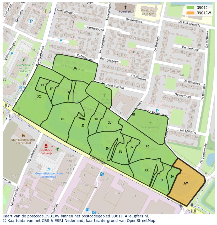 Afbeelding van het postcodegebied 3901 JW op de kaart.