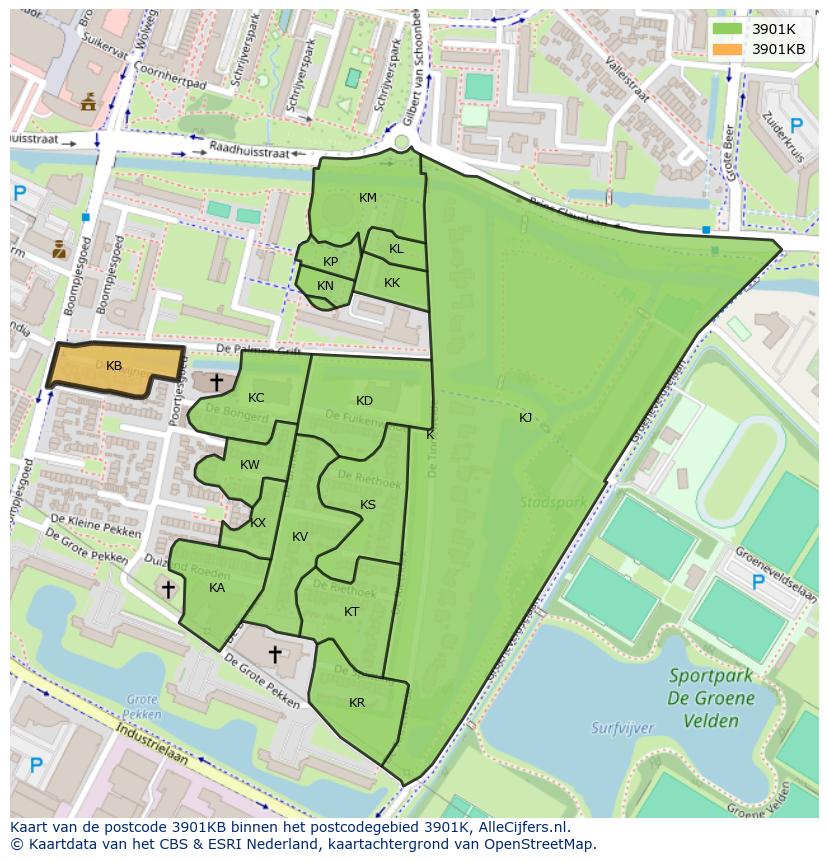 Afbeelding van het postcodegebied 3901 KB op de kaart.