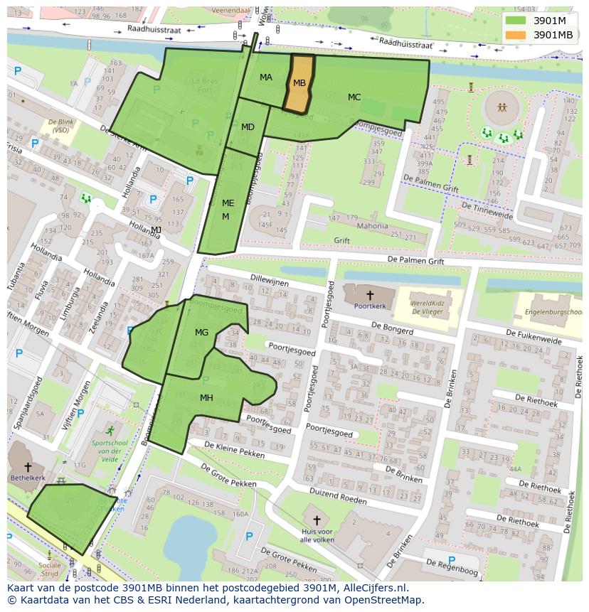 Afbeelding van het postcodegebied 3901 MB op de kaart.