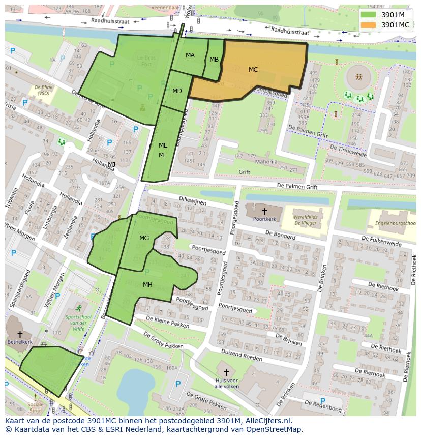 Afbeelding van het postcodegebied 3901 MC op de kaart.