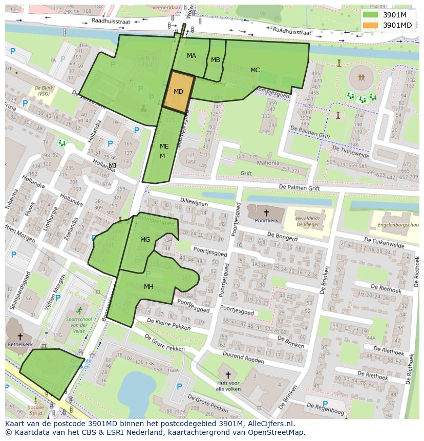 Afbeelding van het postcodegebied 3901 MD op de kaart.