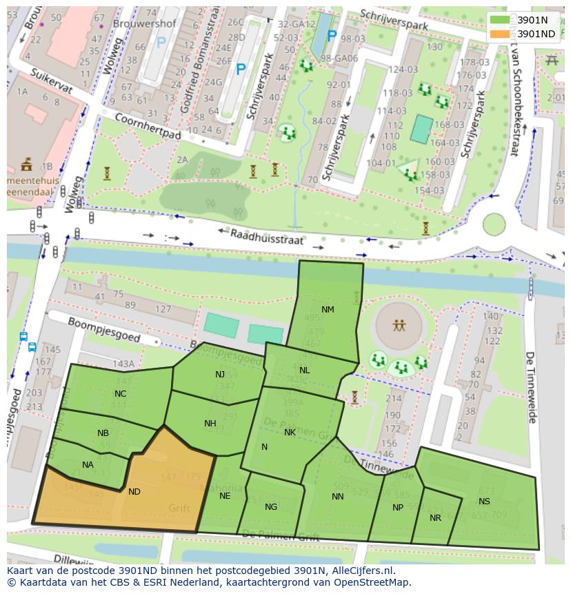Afbeelding van het postcodegebied 3901 ND op de kaart.