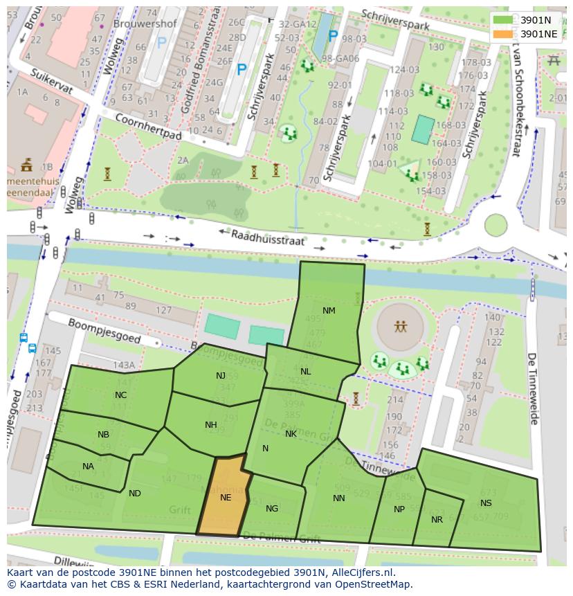 Afbeelding van het postcodegebied 3901 NE op de kaart.