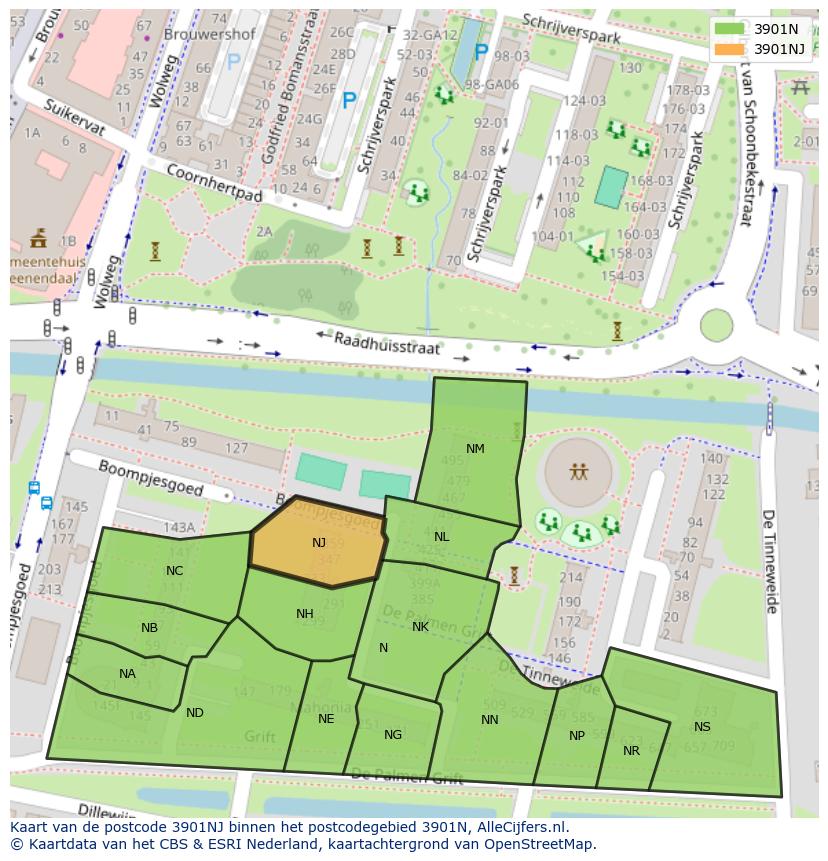 Afbeelding van het postcodegebied 3901 NJ op de kaart.