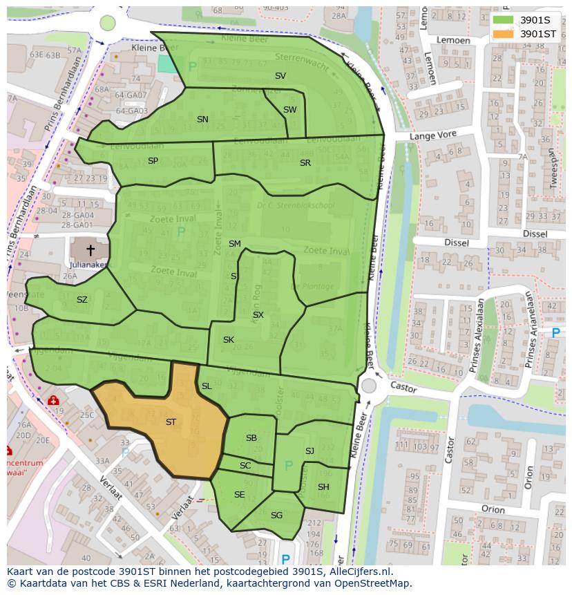 Afbeelding van het postcodegebied 3901 ST op de kaart.