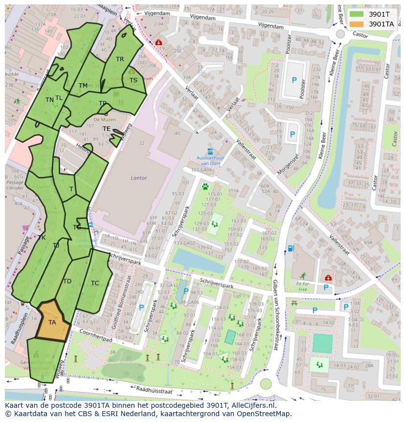 Afbeelding van het postcodegebied 3901 TA op de kaart.