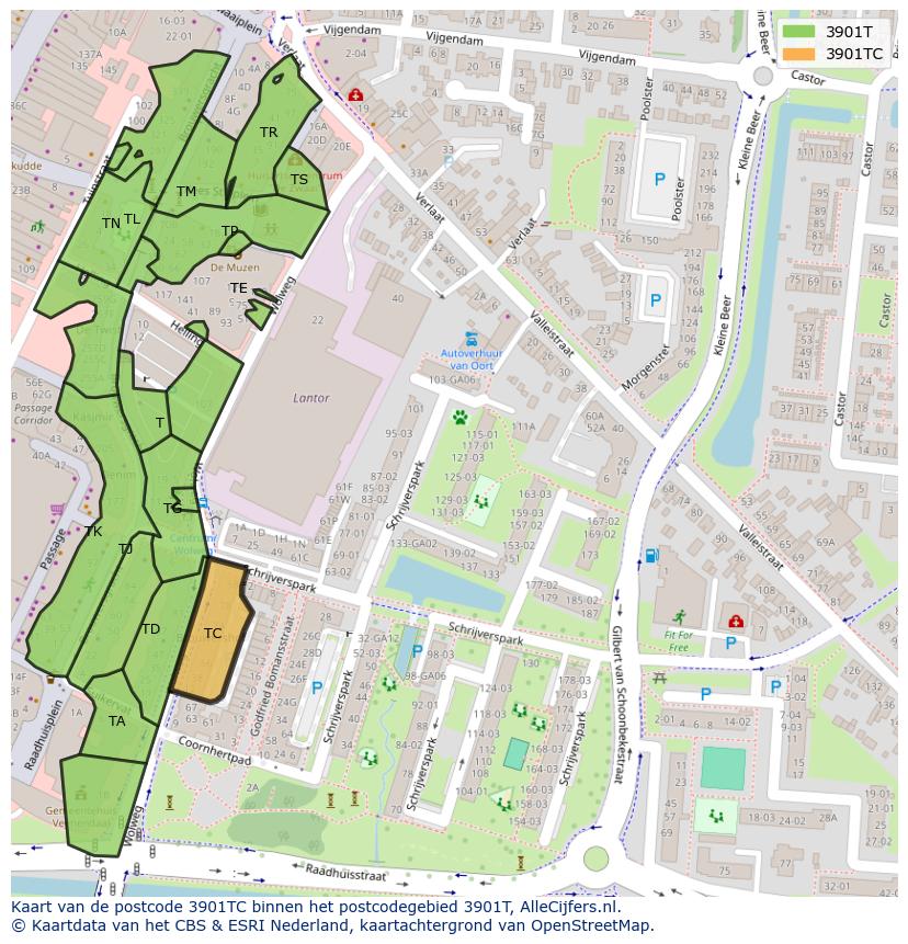 Afbeelding van het postcodegebied 3901 TC op de kaart.