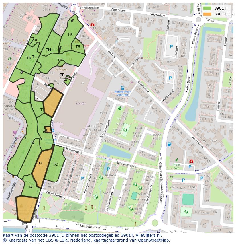 Afbeelding van het postcodegebied 3901 TD op de kaart.