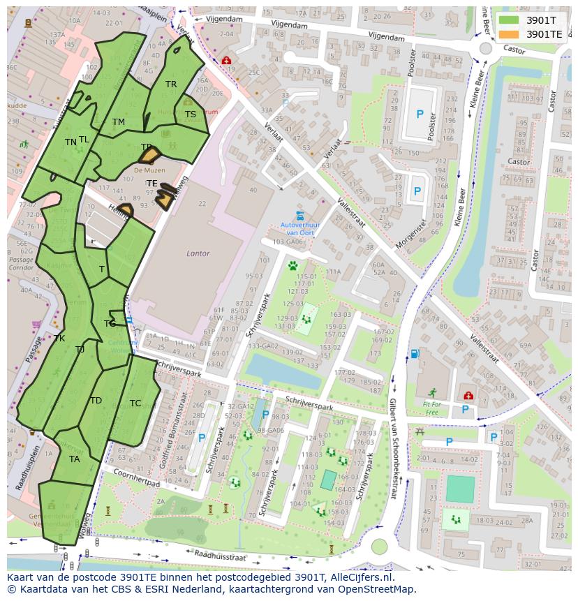 Afbeelding van het postcodegebied 3901 TE op de kaart.