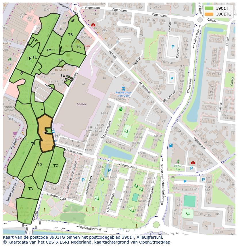 Afbeelding van het postcodegebied 3901 TG op de kaart.