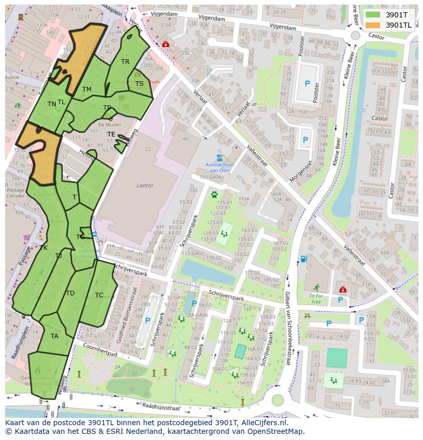 Afbeelding van het postcodegebied 3901 TL op de kaart.