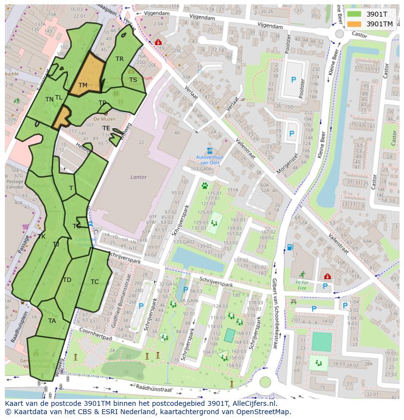 Afbeelding van het postcodegebied 3901 TM op de kaart.
