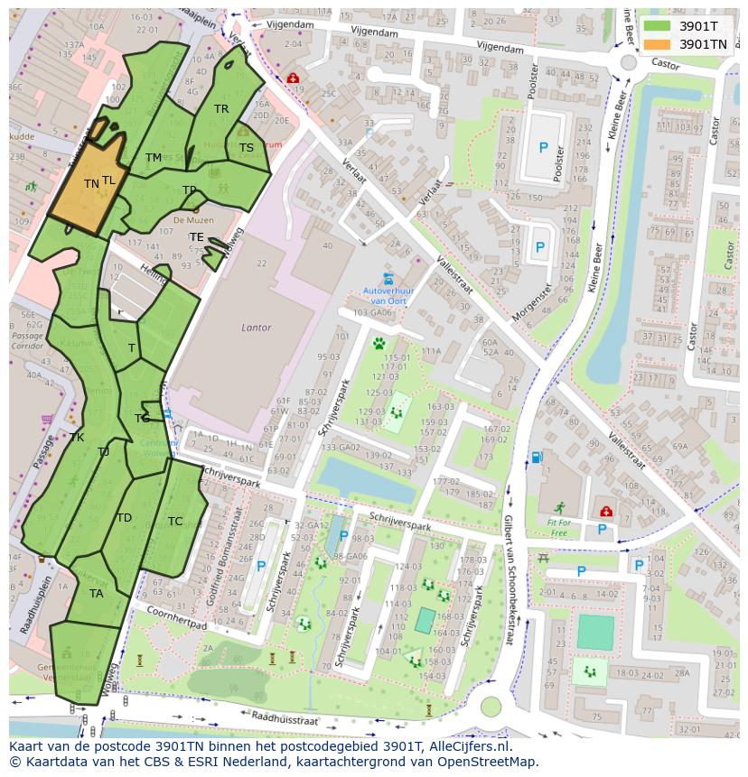 Afbeelding van het postcodegebied 3901 TN op de kaart.