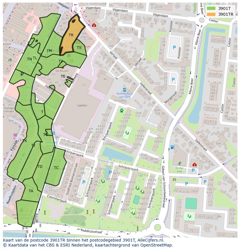 Afbeelding van het postcodegebied 3901 TR op de kaart.
