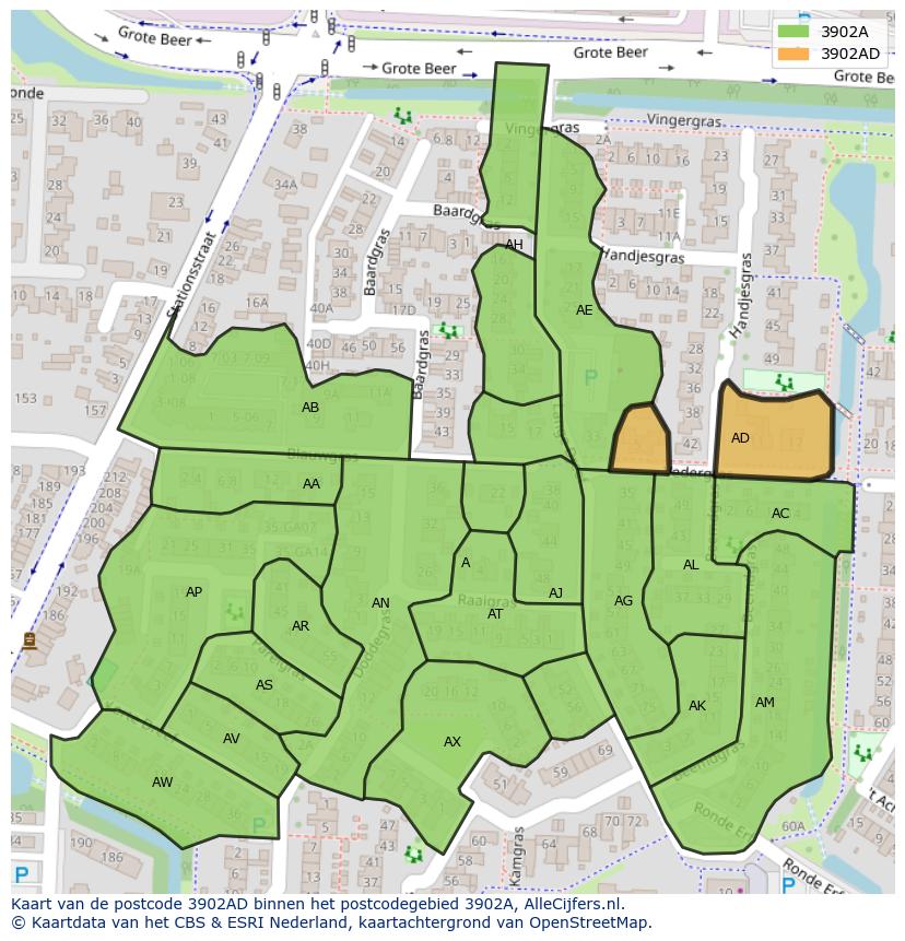Afbeelding van het postcodegebied 3902 AD op de kaart.