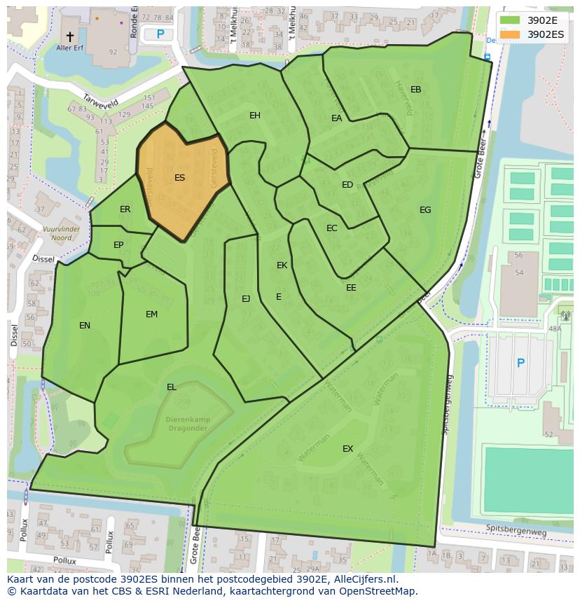 Afbeelding van het postcodegebied 3902 ES op de kaart.
