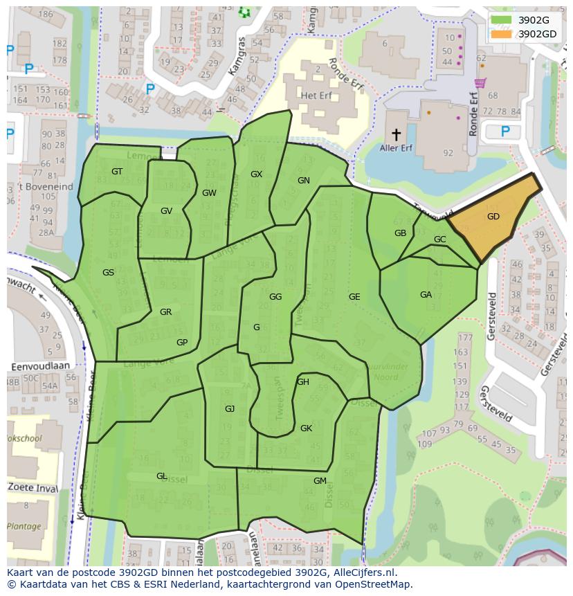 Afbeelding van het postcodegebied 3902 GD op de kaart.