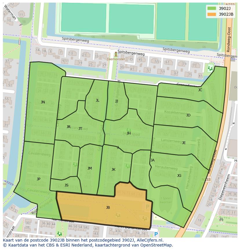 Afbeelding van het postcodegebied 3902 JB op de kaart.