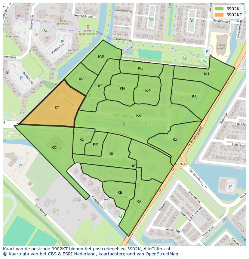 Afbeelding van het postcodegebied 3902 KT op de kaart.