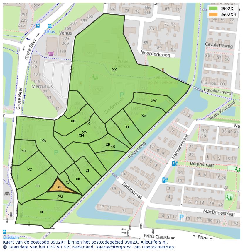 Afbeelding van het postcodegebied 3902 XH op de kaart.