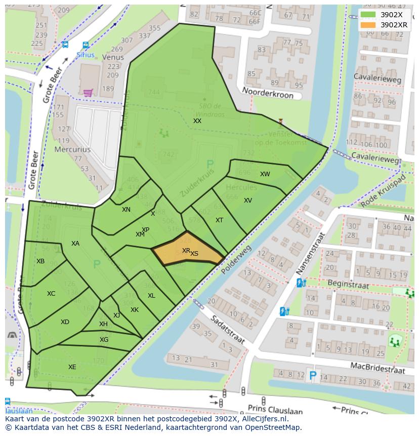 Afbeelding van het postcodegebied 3902 XR op de kaart.
