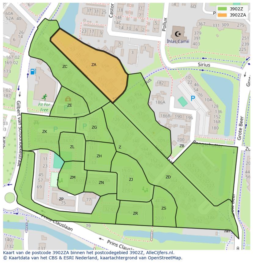 Afbeelding van het postcodegebied 3902 ZA op de kaart.