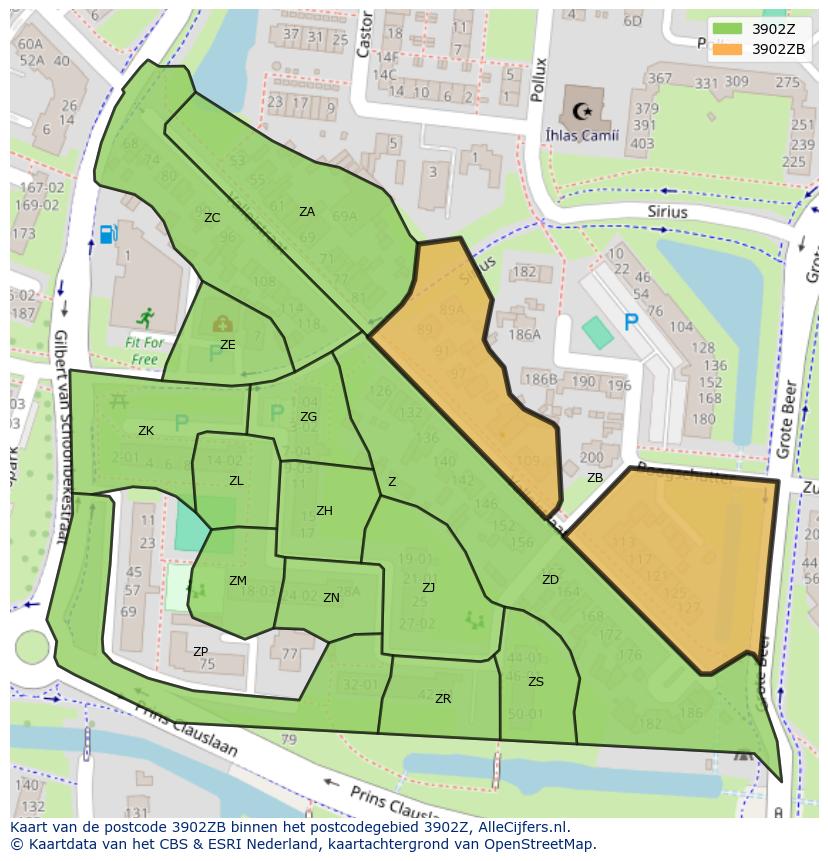 Afbeelding van het postcodegebied 3902 ZB op de kaart.