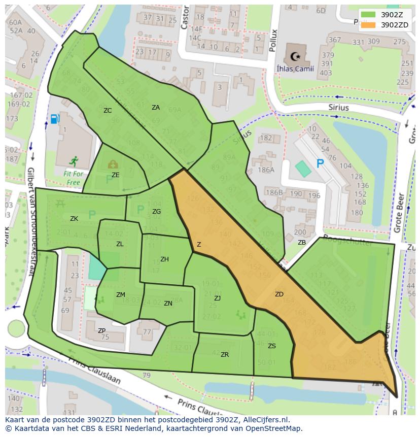 Afbeelding van het postcodegebied 3902 ZD op de kaart.