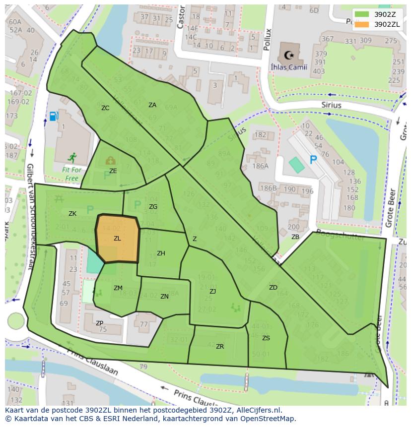 Afbeelding van het postcodegebied 3902 ZL op de kaart.