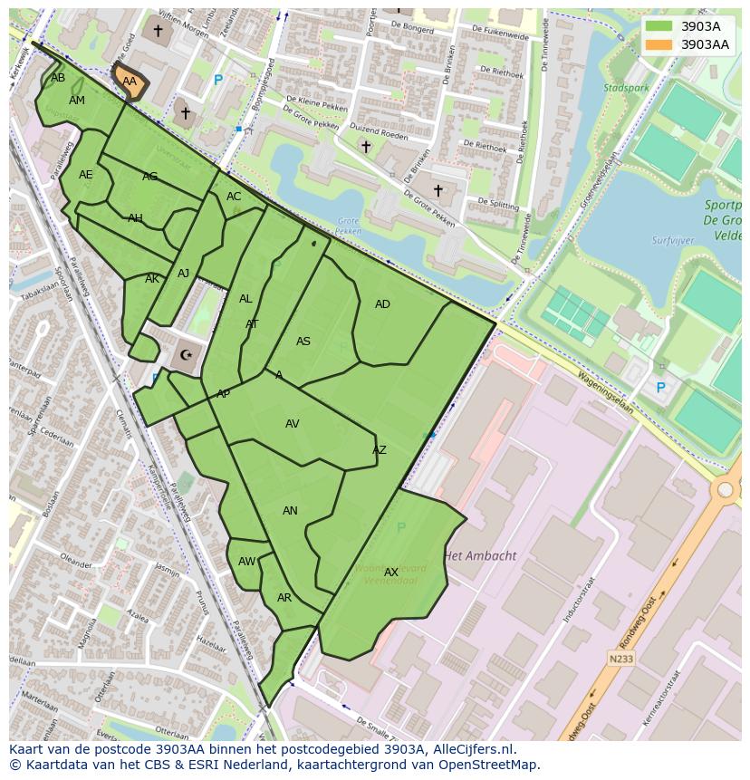Afbeelding van het postcodegebied 3903 AA op de kaart.