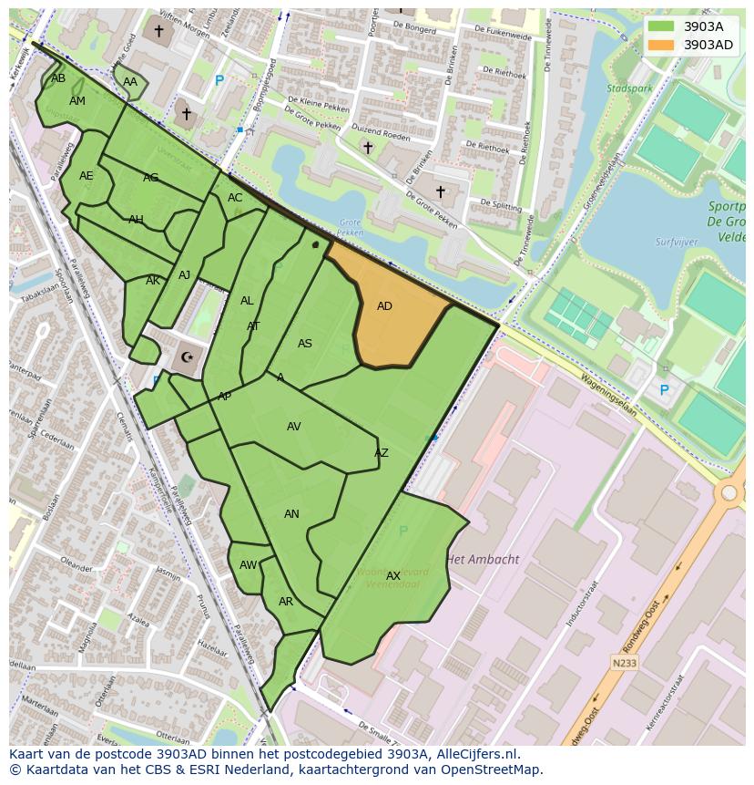 Afbeelding van het postcodegebied 3903 AD op de kaart.