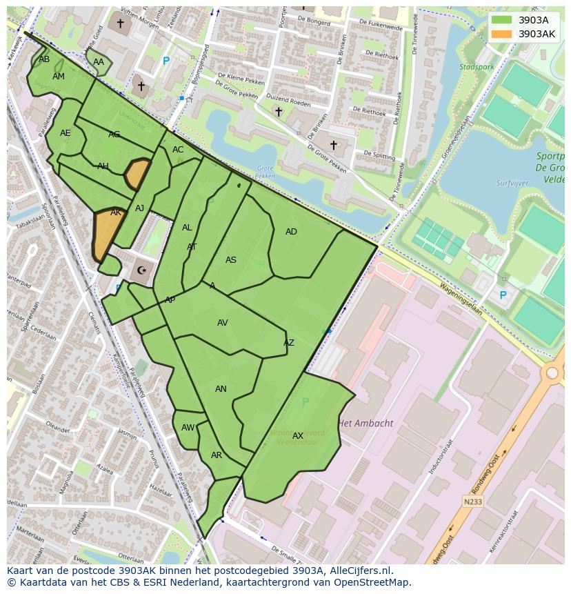 Afbeelding van het postcodegebied 3903 AK op de kaart.