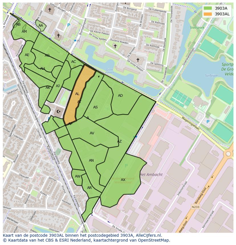 Afbeelding van het postcodegebied 3903 AL op de kaart.